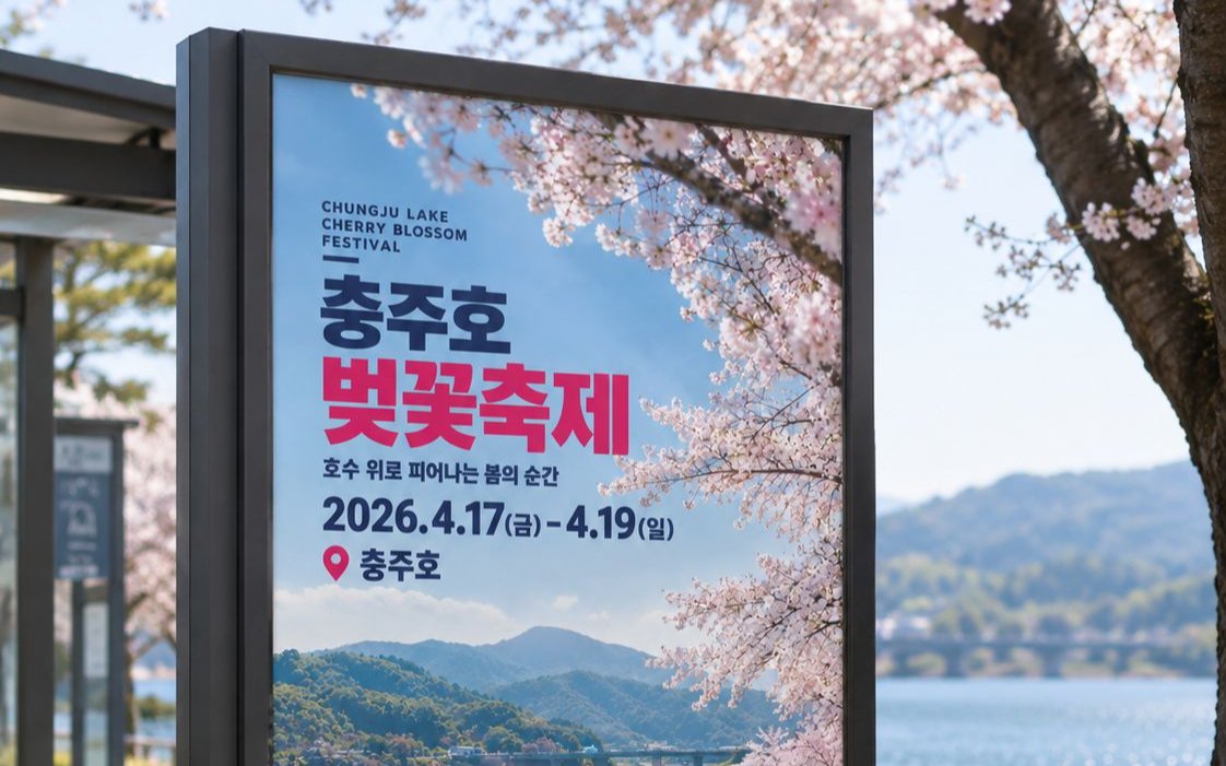 벚꽃길과 호수 위 유람선 풍경
