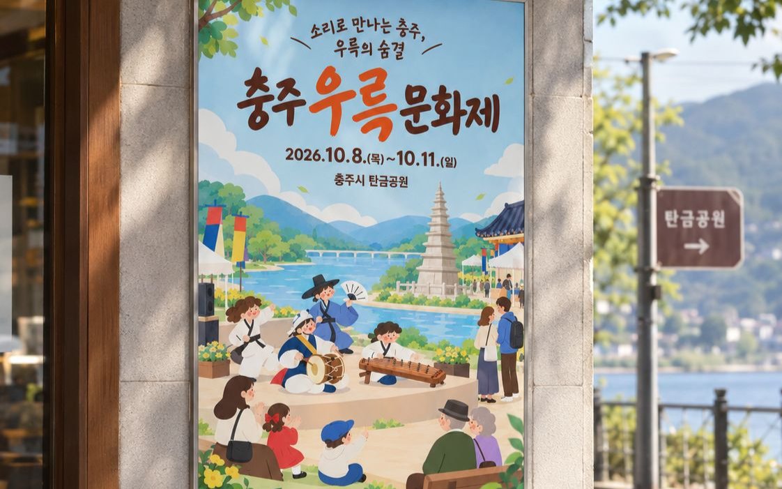 한복 입은 연주자와 관람객이 있는 공원 포스터